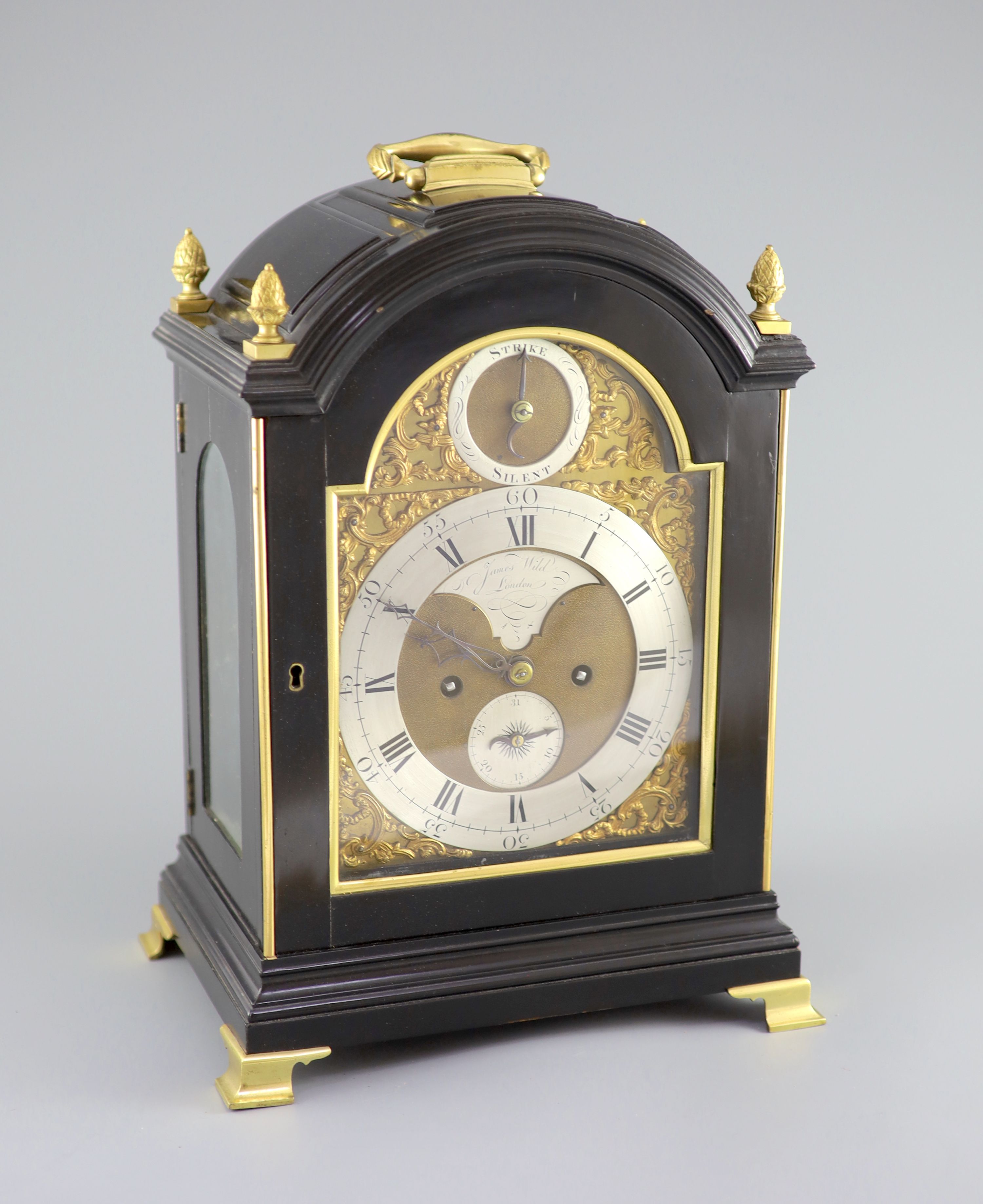 A George III ormolu mounted ebonised bracket clock by James Wild, London, 39cm high.